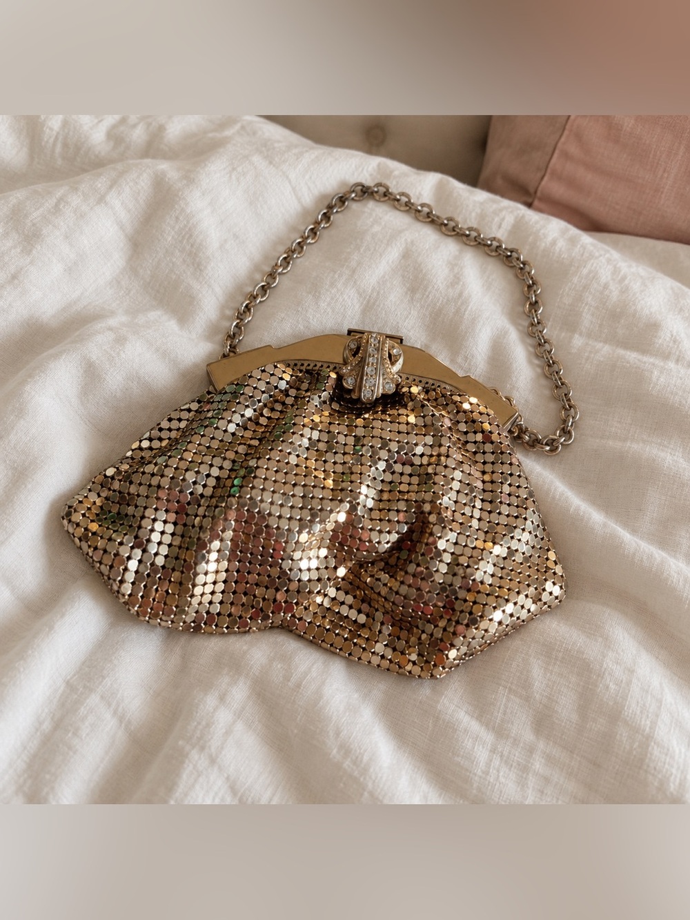 Vintage 1940s Whiting & Davis Gold Mesh Rhinestone Mini Evening Bag